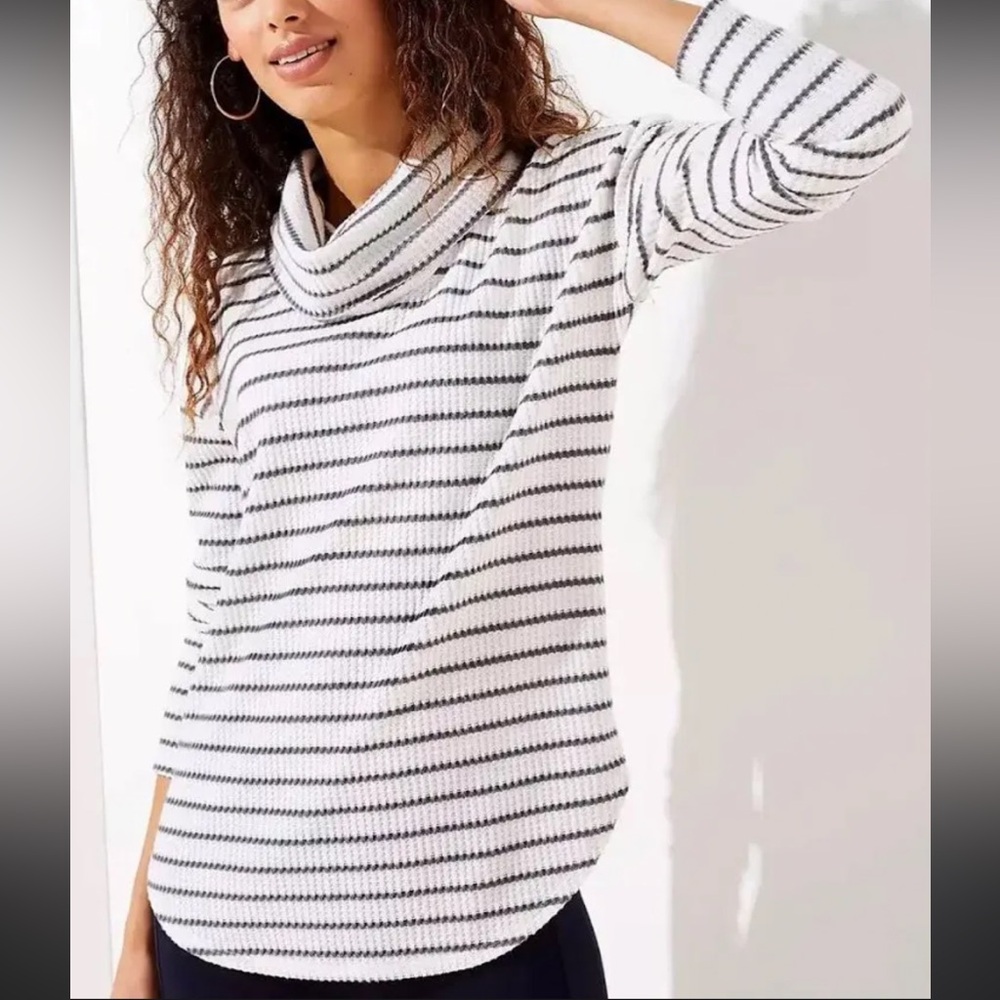 LOFT Striped Cowl Neck Waffle Top